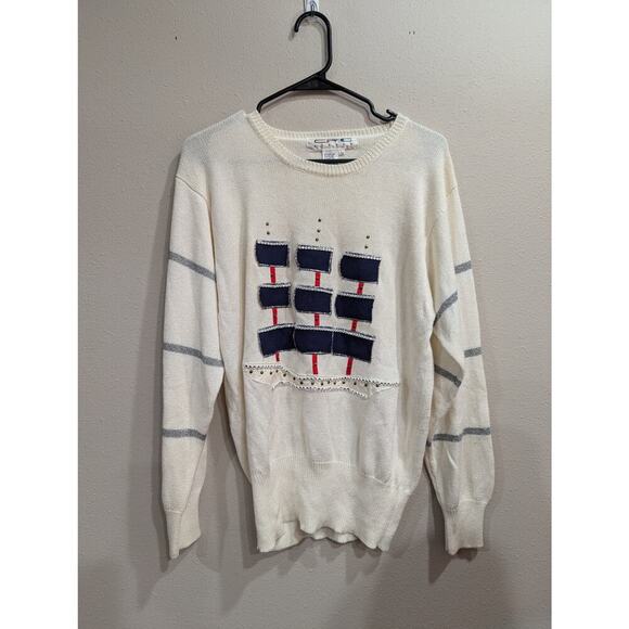 Vintage nautical themed sweater w/sail boat stitch & applique by Eric Steven, L - Picture 2 of 9